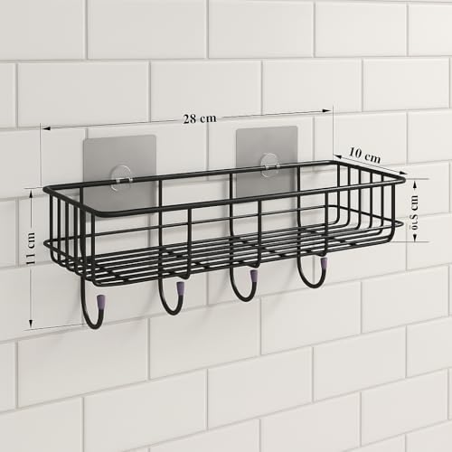 Image of NAMUVA Stainless Steel Bathroom & Kitchen Shelf with 4 Hooks | Self Adhesive Wall Mounted Organizer Rack Black Rust Proof Storage Drill Free Space Saving Holder for Bathroom Home - Pack of 1 CED