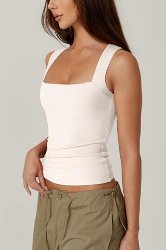 Image of QINSEN Women's Square Neck Sleeveless Double-Layer Tank Tops Basic Tight T Shirts