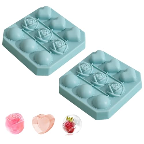 YXHZVON Molde para Cubitos de Hielo diseño de Redondo, Rosas y Corazones, 9 cavidades Cubiteras para Hielo de Silicona, para Cóctel, Whisky, Jugo, Bebida de Verano (Azul) — imagen 1