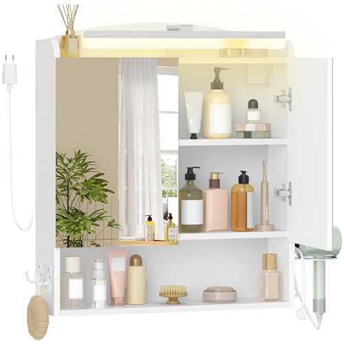 Hzuaneri Specchio Bagno Contenitore, Mobiletto a specchio con illuminazione a LED, porta asciugacapelli e ganci, mobile specchio bagno, con Ripiano Regolabile, 16,5 x 60 x 68,5 cm, Bianco MC10003XEU