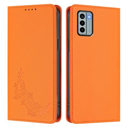 Étui pour Nokia G42 portefeuille avec clapet magnétique orange et motif fleurs latérales