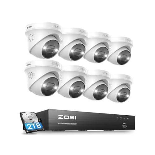 ZOSI H.265+ 4K PoE Home Security Camera System Outdoor Indoor,4K 8 Channel NVR with 2TB Hard Drive and 8pcs 8MP Surveillance PoE Cameras,100ft Night Vision,Motion Detection,for 24/7 Recordin