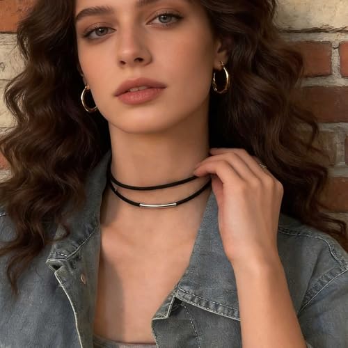 Inateannal Boho Geschichtet Leder Halsband Halskette Schwarz Leder Seil Halskette Silber Bar Halsband Halskettes Kurz Wildleder Schnur Kette Schmuck Für Frauen