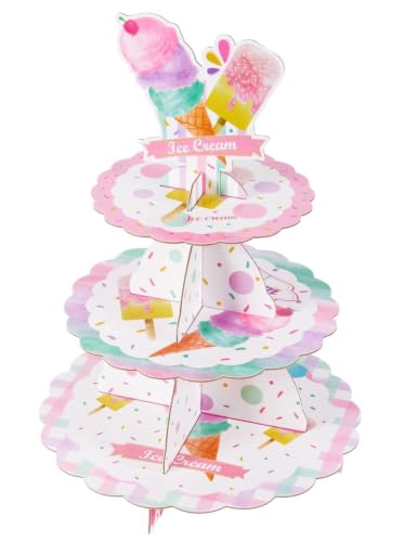 WERNNSAI Ice Cream Cupcake Stand - Ice Cream Party Decorations for Kids 3 Tier Cardboard Cupcake Stand Holder Dessert Tower Birthday Party Supplies Baby Shower Round Serving Tray Stand