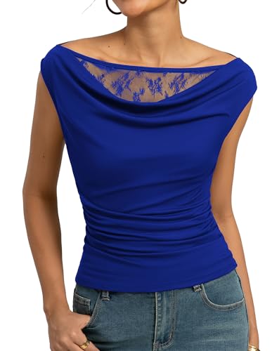Kate Kasin Womens Off The Shoulder Tops, Summer Cowl Neck Slim Fit Top, Y2K Going Out Shirts Outfits 2026 Royal Blue