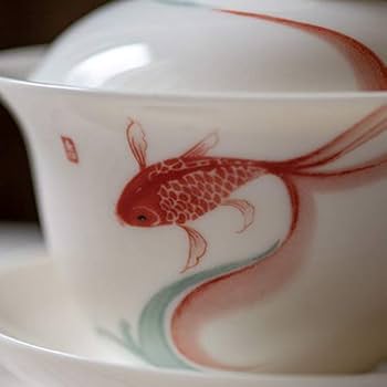 金魚の絵柄 陶器製茶碗 Amazon.co.jp: 白磁蓋碗(125ml)-金魚模様絵付け : ホーム＆キッチン