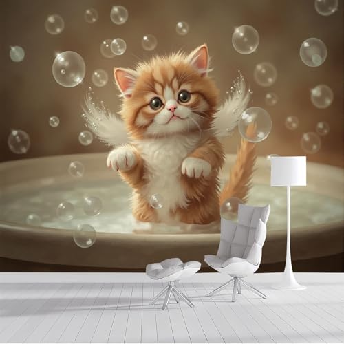 Murales Papel Pintado Fotográfico, 250X175Cm Grande Papel Pintado Con Marrón Lindo Gato Burbujas - Bañera De Ensueño Con Animales Fotografía Póster 3D Murales Decoración Para Dormitorio Salón