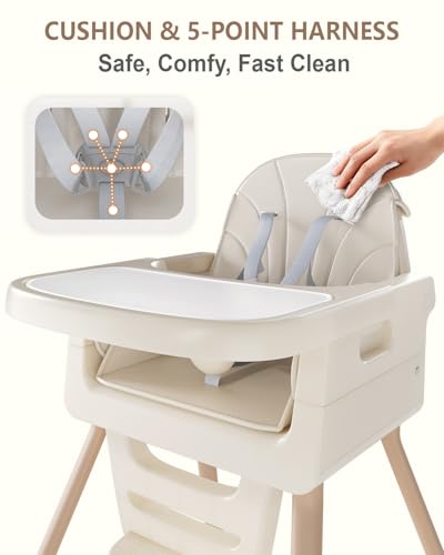 Image of Baby High Chair for 6 Months+, Foldable High Chairs for Babies and Toddlers, Convertible High Chair, Adjustable Tray & Footrest, Portable High Chair & Easy to Clean(White with Wood Grain)