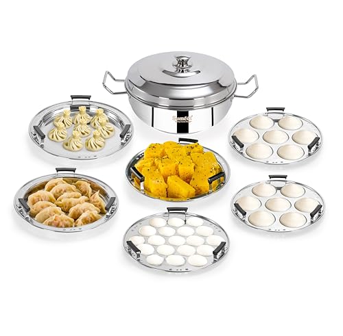Image of Sumeet ISI Certified Stainless Steel Induction Bottom Heavy Multi Kadai with 6 Plates - 2 Idli, 2 Dhokla /Patra, 1 Momo /Modak /Steamer, 1 Mini Idli Plate - 28cm, 4.7Ltr, Silver