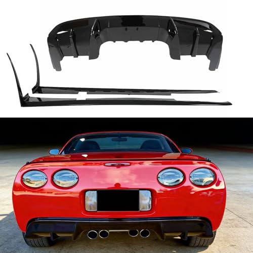 PFRREOR 3PCS Rear Bumper Diffuser&Side Skirts for Chevy Corvette C5 1997-2004 All Models Add-On Rear Diffuser Side Skirts Extension W/Mud Flaps PP Plastic Body Kit (Glossy Black)
