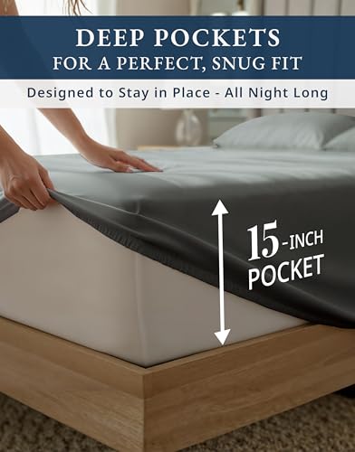 Image of LANE LINEN Cooling Sheets Full 100% Egyptian Cotton Sateen - Charcoal
