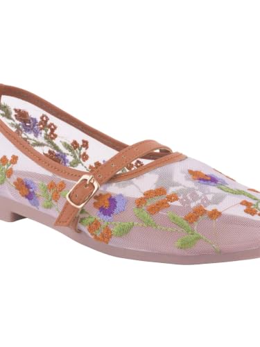 Image of Shoetopia Women'sFloral Embroidered Mary Jane Flats - Elegant Mesh Ballerinas with Adjustable Buckle Strap