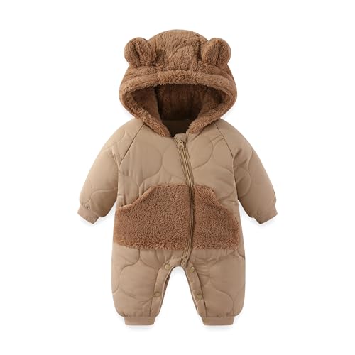 JiAmy Baby Snowsuit Winter Romper Hooded Boys Girls Jumpsuit Bear Thick Windproof Cap Infant Winter Clothes 9-12 Months Brown - image 1
