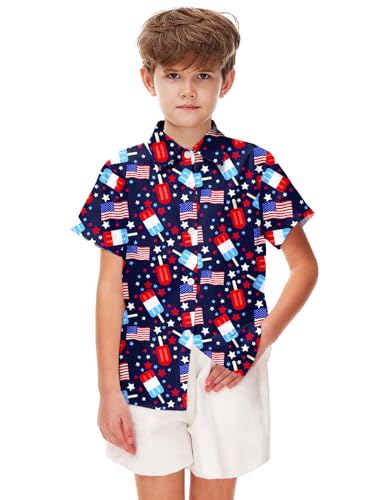 Image of Remimi Unisex Kids 4th of July Button Up Shirt Boys American Flag Print Hawaiian Beach Short Sleeve Tops 5-14 Years