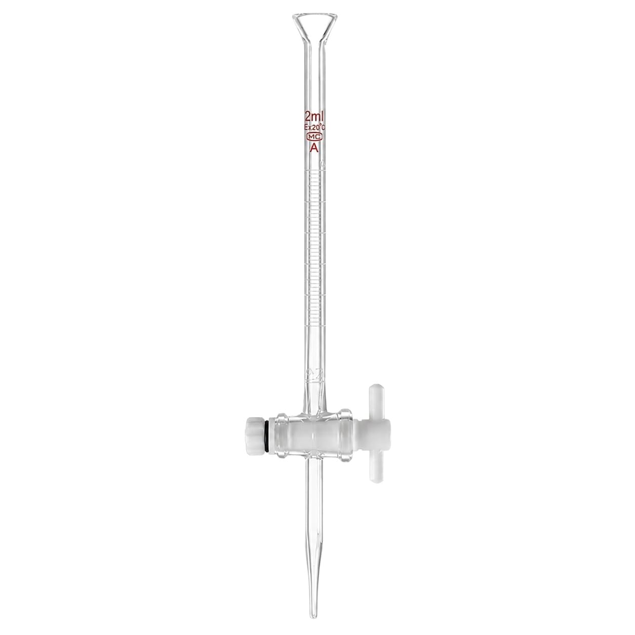 Laboratoryjna Szklana Biureta Rozszerzony Lejek Kranik PTFE-2mL/0.01 | Uniwersalne Szkło Laboratoryjne do Miareczkowania i Analizy Wielu Odczynników