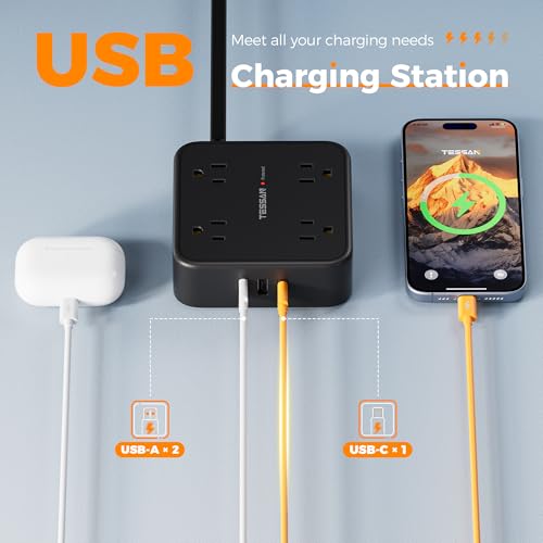 image for Surge Protector Power Strip, TESSAN 5 FT Black Flat Extension Cord wit