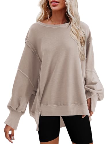 Nirovien Womens Oversized Crewneck Sweatshirt Side Slit Long Sleeve Pullover Slouchy Fit Tops