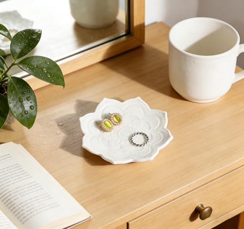 Image of Small White Mandala Trinket Dish Jewellery Dish Tray, Ceramic Decorative Ring Holder Dish, Gifts for Women, Bride Bridesmaid Gifts Birthday Christmas Wedding Valentines' Present
