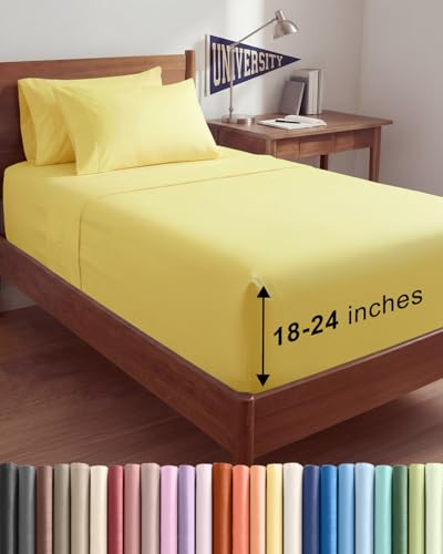 Image of Extra Deep Twin XL Sheet Set - 4 Piece College Dorm Bed Sheets Set w / Extra Deep Pockets - Ultra-Soft, Comfy & Breathable Bedding for Women, Men, Kids & Teens - Wrinkle Free & Fade Resistant - Yellow