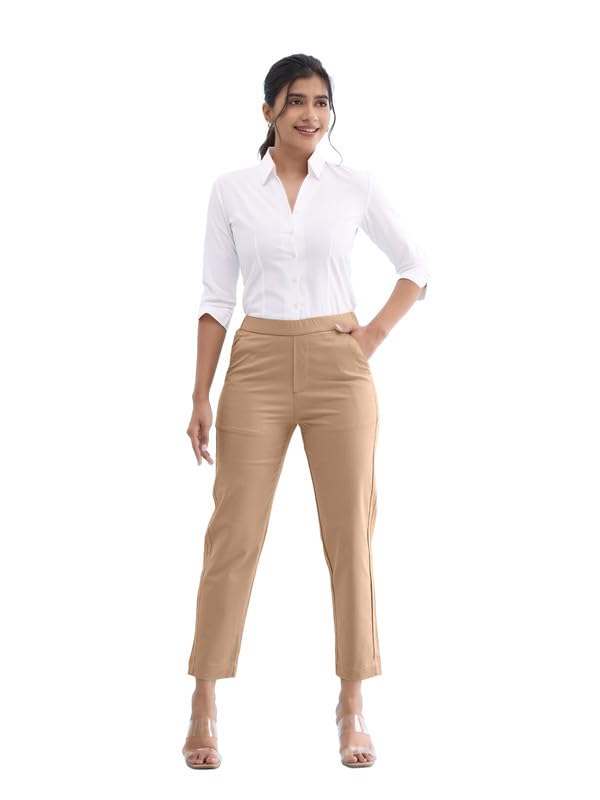 Image of GO COLORS Solid Tapered Fit Chino Pants for Women |Mid Rise, Side Pocket