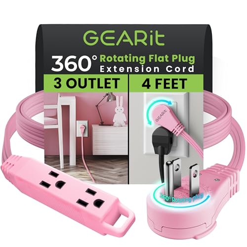 GEARit - Cable de extensión corto giratorio 360 con 3 salidas (4 pies, rosa) 16AWG/13A cable de 3...