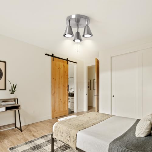 Image of 3-Light Industrial Directional Track Lighting with Pull Chain On /Off, Adjustable Round Ceiling Spotlight, Morden Nickel Flush Mount Kitchen Li