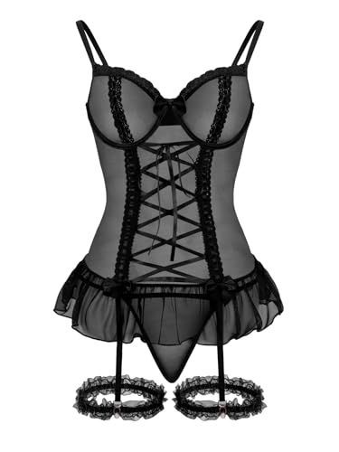 Image of Foxiny Sexy Mesh Corset Ruffle Lace Up Underwire Sheer Garter Belt Babydoll Lingerie Set With Thong 3 Piece Women