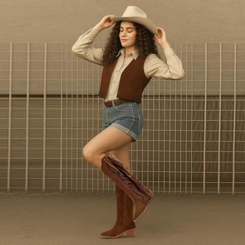 Image of KiutSymo Cowgirl Fringe Boots For Women White Tassels Cowboy Boots Knee High Pointed Toe Western Boots