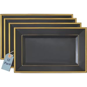 Yumchikel- 12 Pack Black Plastic Serving Tray Plastic for Party, 14″ x 7.5″ Platters for Serving Food (Black Gold Rim) Halloween Themed Tray