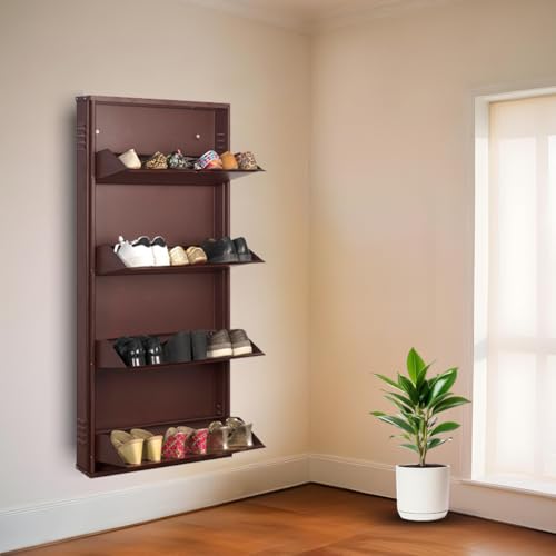 Image of DELITE KOM 24 Inch Wide, 4 Shelf Metal Shoe Rack Wall Mounted for Home with Central Lock | Holds Upto 12 Shoes or 20 Slippers Pair | 1 Year Warranty | (54 x 24 x 5 Inch, Coffee) | DIY | Space Saving