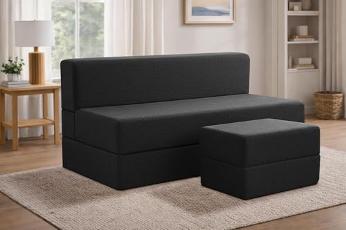 Image of Rosebell Foldable Sofa-Cum-Bed with Ottoman | 3-in-One Foldable Sofa, Lounger & Bed-5x6 Feet Three Seater- Perfect for Home & Office -Black-Color