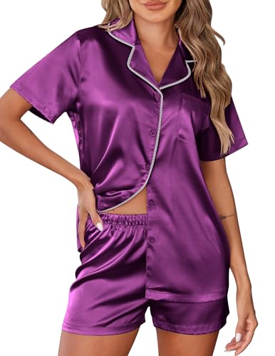 Ekouaer Womens Silk Satin Pajamas Set 2 Piece Pjs Short Sleeve Sleepwear Button Down Top and Shorts Loungewear S-XXL