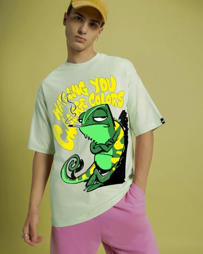 Image of Bewakoof Men's Watching You Change Colours Graphic Printed 100% Cotton T-Shirt - Oversized Fit, Round Neck, Half Sleeves