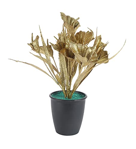 Image of FOLIYAJ Artificial Golden Tulip Plant with Black Pot | Place This Faux Plant on Shelves, Desks, Side or Center Tables to Decorate Your Home or Office | Fake Plants for Interior Decoration