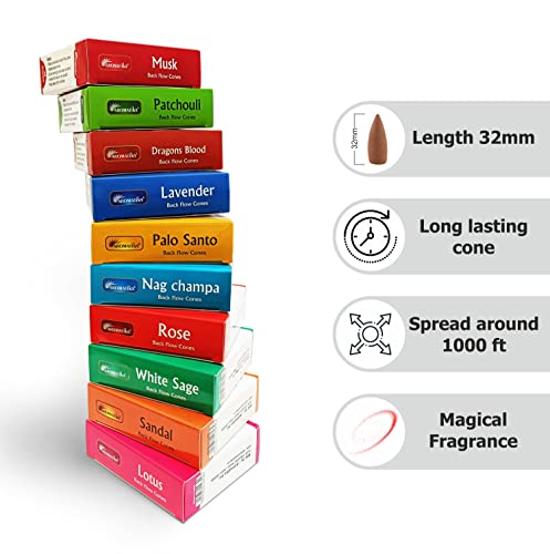 Image of Aromatika Natural Backflow Incense Cones, 5 Packs 5 Fragrances 50 Pcs, (Nag Champa, Dragons Blood, White Sage, Palo Santo, Musk) | Pack 'A'