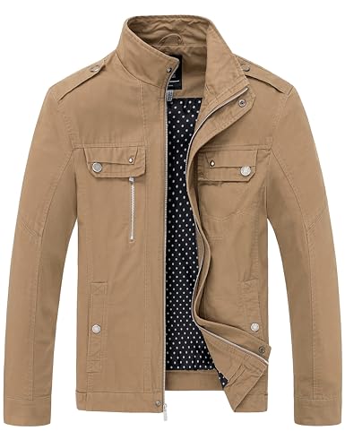 wantdo Men's Cotton Lightweight Jacket Military Jacket Casual Field Coat Windbreaker Khaki Medium