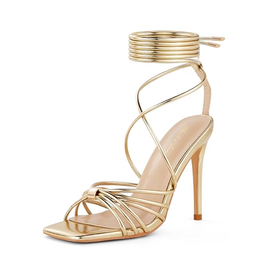 Elisabet Tang Women Strappy Heeled Sandals Lace Up 4 Inch Stilettos Square Open Toe High Heels Ankle Strap for Prom Party Evening