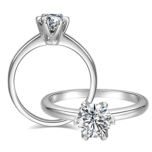 Impalsory Moissanite Engagement Ring, 1ct 6.5mm Round Lab Created Moissanite Solitaire Wedding Promise Rings for Women Men 18K White Gold Plated Sterling Silver Size 5-8