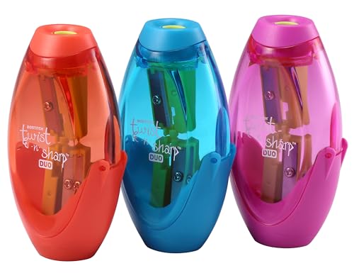 Bostitch Office Pencil Sharpener, Manual, Twist-n-Sharp with Shavings Tray, Kids, Boys, Girls, Colored Pencils, 3-Pack, Blue, Orange, Pink