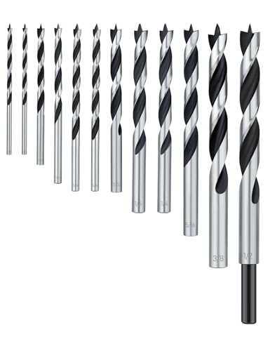 Brad Point Drill Bit Set 12Pcs (1/8' - 1/2'), Wood Drill Bit Set with Double Flutes Design for Hardwood, Plywood, Plastic Round Holes in All Types of Wood