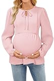 OUGES Womens Maternity Nursing Tops Tie Front Crew Neck Long Sleeve Breastfeeding Shirts Hidden Zipper Business Casual Fall Outfits Pregnancy Must Haves Work Clothes Office Blouse 2025(Pink,L)
