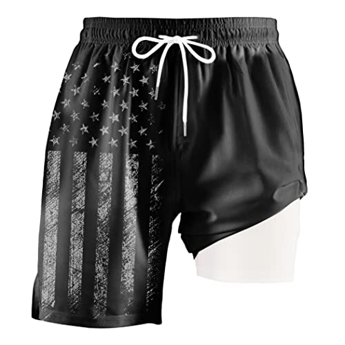 Black American Flag Shorts Men's Swim Trunks with Compression Liner Patriotic Men Swimming Trunks Bathing Suits