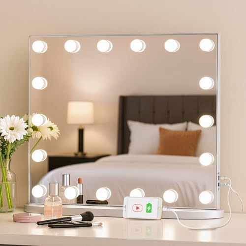 Image of LUXFURNI Vanity Mirror with Lights, 23.6 inch Hollywood Makeup Mirror Silver | 18 Surround LED Bulbs, 360 Shadow-Free Lighting, 3 Color Modes, USB Charging, Tabletop & Wall Mount for Bedroom Dorm Desk