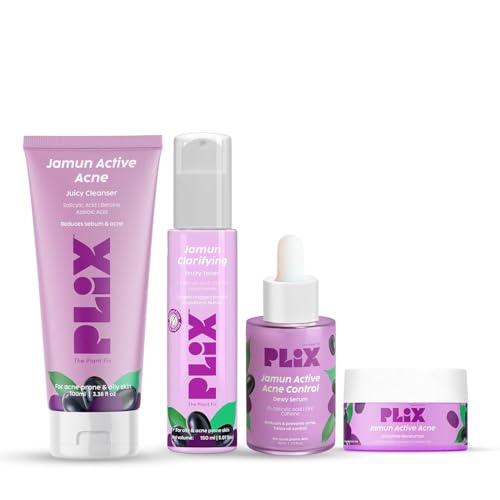 PLI'X - THE PLANT FIX Jamun Active Acne Range con limpiador, suero de ácido salicílico al 2%, crema hidratante y tónico l Reduce el acné activo l desintoxica la piel l calma el enrojecimiento l todo