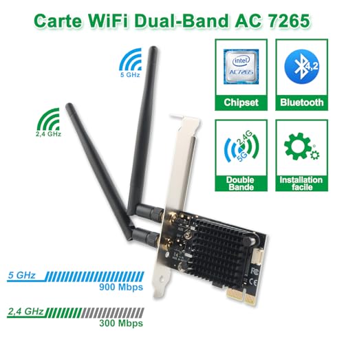 Carte WiFi PCIe AC1200 Double Bande (2,4G + 5G) avec Bluetooth 4.2 - Adaptateur PCI-E pour PC Gamer - Low Profile et Refroidissement Passif - Windows 11/10/8/7 (32/64 Bits) et Linux – vue 3