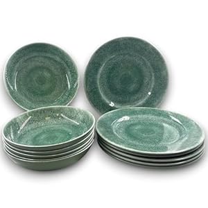 Set da Tavola in Melamina TERRACOTTA 12 pezzi Servizio Piatti Fondi e Piani per da 6 persone Infrangibile Lavabile in Lavastoviglie Plastica rigida Disponibile in 3 Colori (12, Verde – Acquamarina)