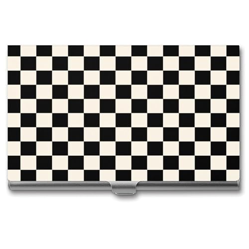 Black And Beige Checker Pattern Business Card Holder, Pocket Slim Portable Metal Business Card Case for Women Men