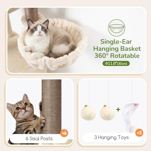 Image of Globlazer Tall Cat Tree Tower for Large Adult Cats, Multi-Level Large 65 Inch Cat Scratching Tower with Hammock, 6 Scratching Posts, Basket and 2 Perches for Indoor Multiple Cats, F65D, Beige