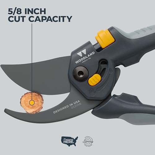 Image of Woodland Tools Co. Heavy Duty Bypass Pruning Shears - 5 /8 inch Cut Capacity, High Carbon Steel Blade, Internal Spring, Adjustable Grip Slider, Garden Hand Pruner for Plants, Shrubs, and Live Stems