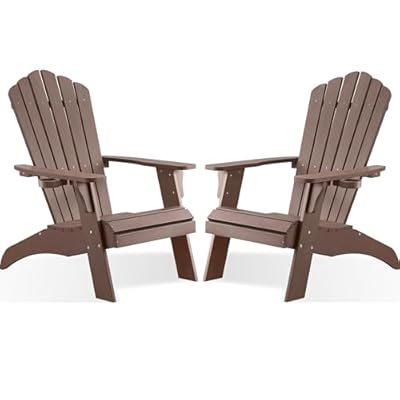 Psilvam Adirondack Chair, Oversized Poly Lumber Fire Pit Chair with Cup Holder, 350Lbs Support Patio Chairs for Garden, Weather Resistant Adirondack Chair Looks Like Real Wood (2, Brown)